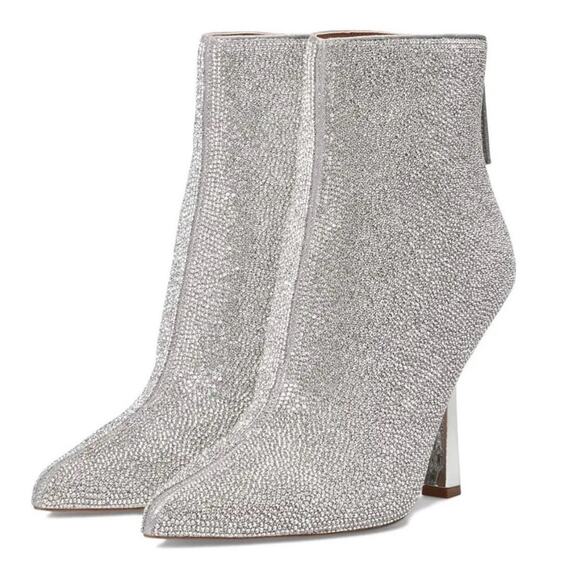 Steve Madden Callen Silver Rhinestone Ankle Pointed Toe 4.35" Mirror Heel 8 Boot - Picture 12 of 15